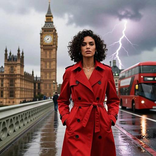 Confident Woman in Red Trench Coat on London Bridge with Big Ben and Lightning