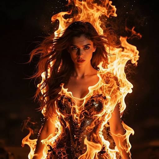 Fiery Woman Portrait with Flames and Intense Gaze
