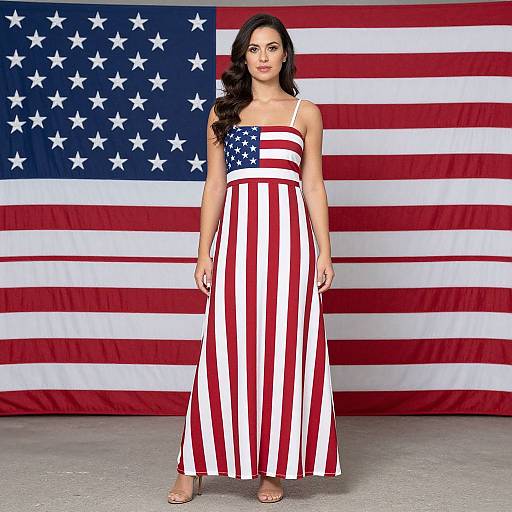 Woman in American Flag Dress Standing Against Large USA Flag Background