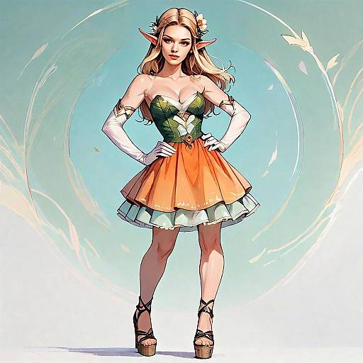 Fantasy Elf Woman in Orange Green Dress Digital Artwork