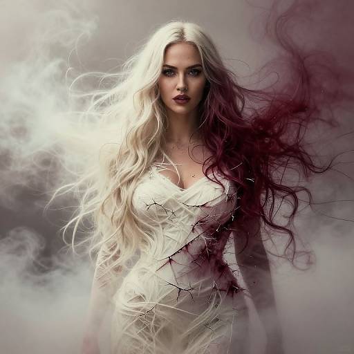 Surreal Fantasy Portrait of Woman with Blonde and Burgundy Hair in Smoke