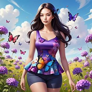 Young Woman in Flower Field with Butterflies
