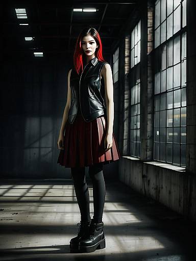 Fashionable Woman in Leather Vest and Pleated Skirt in Industrial Loft