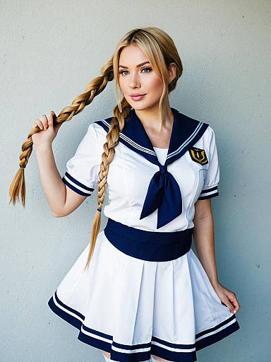 Young Woman in Classic Sailor-Style School Uniform with Blonde Braids