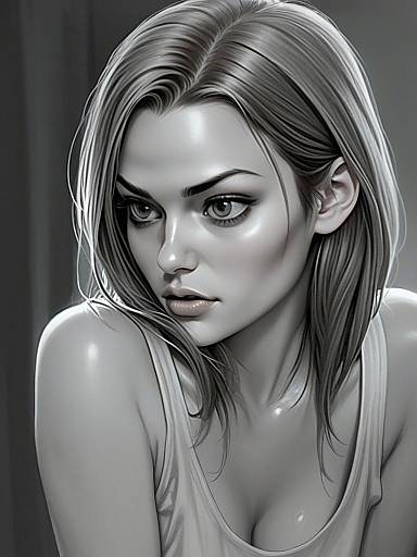 Monochrome Digital Portrait of Young Woman in Hyperrealistic Style