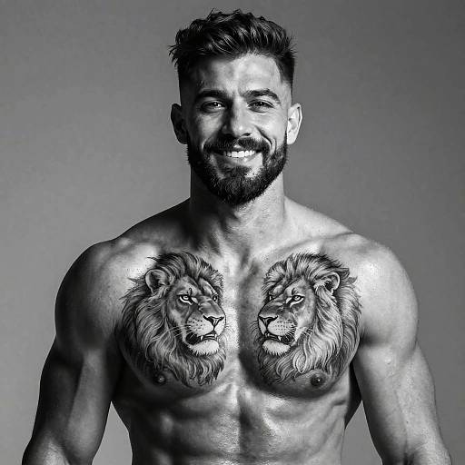 Muscular Man with Detailed Lion Head Chest Tattoos in Black and White