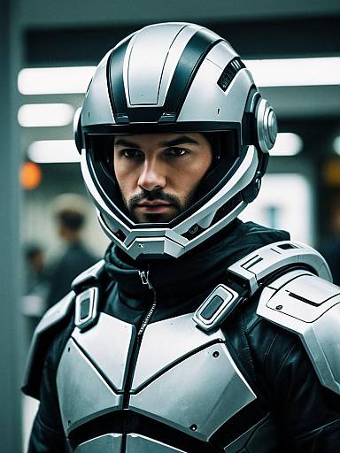 Realistic Bionic Male in Futuristic Armor and Helmet
