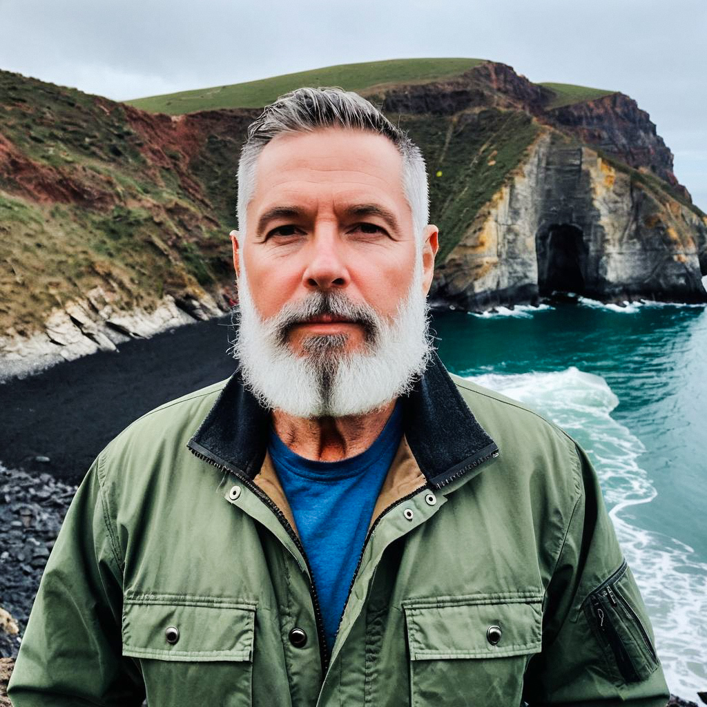 Mature Man with White Beard near Coastal Landscape