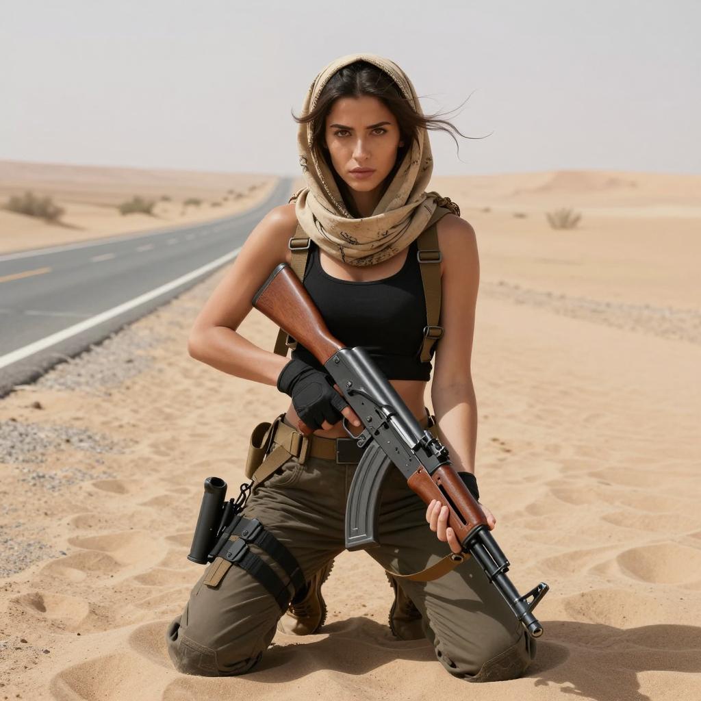 Confident Woman in Tactical Gear with Rifle in Desert Landscape