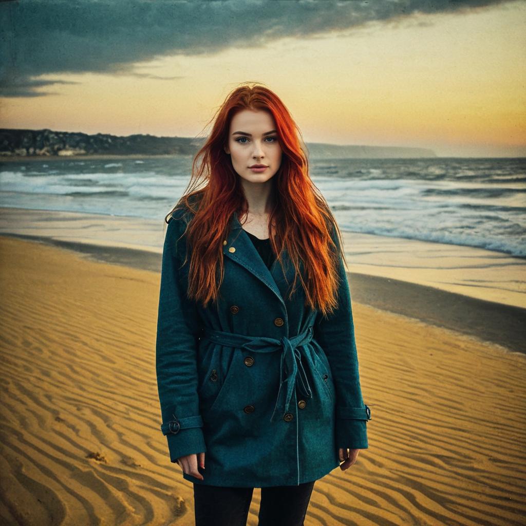 Red-Haired Woman in Teal Trench Coat on Beach at Sunset