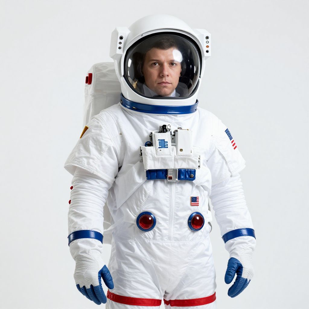 Man in Classic White NASA Astronaut Suit with Blue and Red Accents