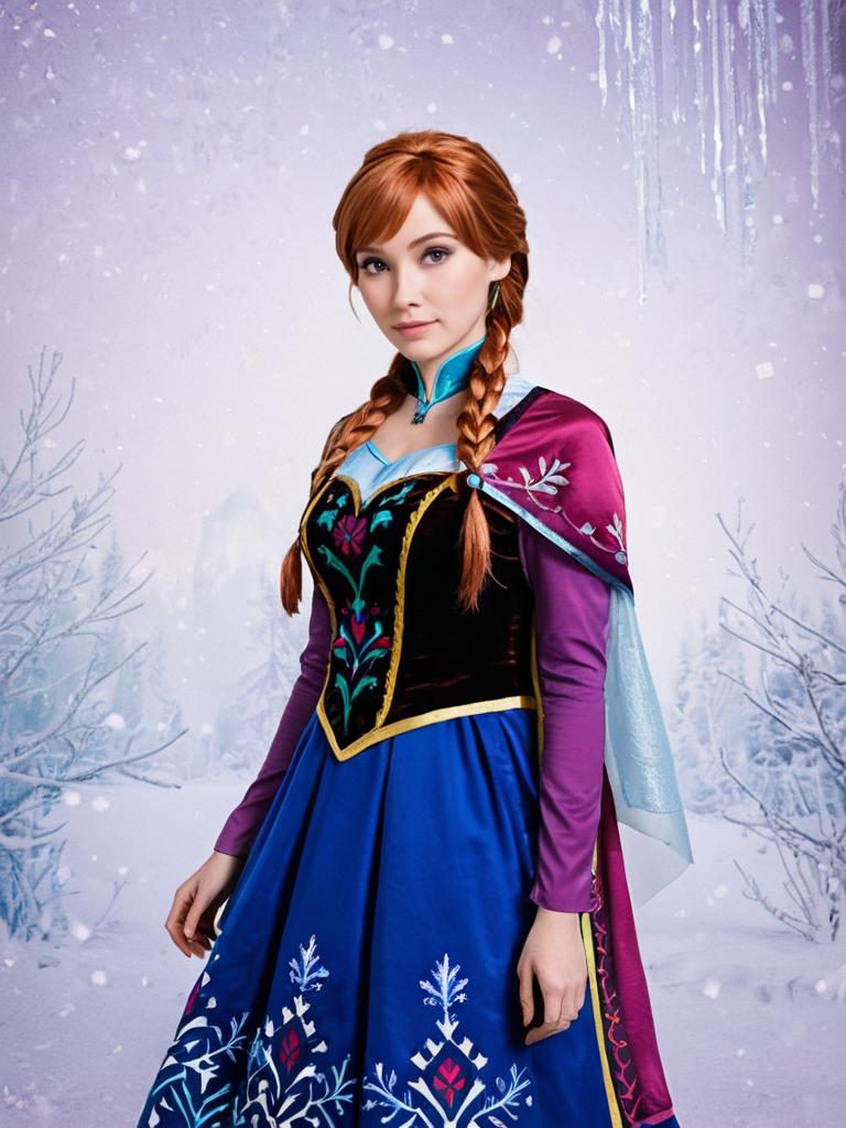 Woman in Fantasy Costume with Snowy Backdrop