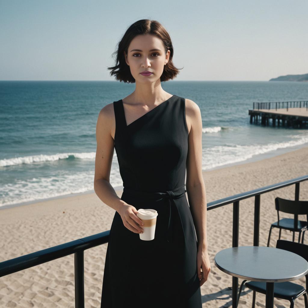 Elegant Woman on Balcony with Coffee and Beach View