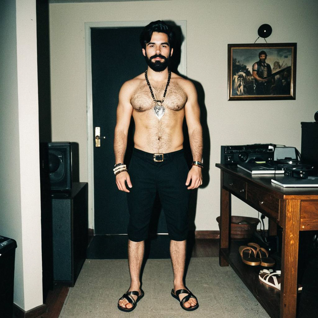 Bearded man in vintage room with accessories