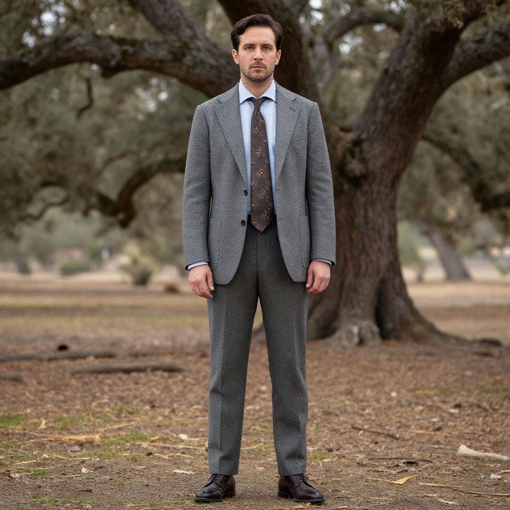Man in Grey Suit Standing in Rustic Outdoor Setting