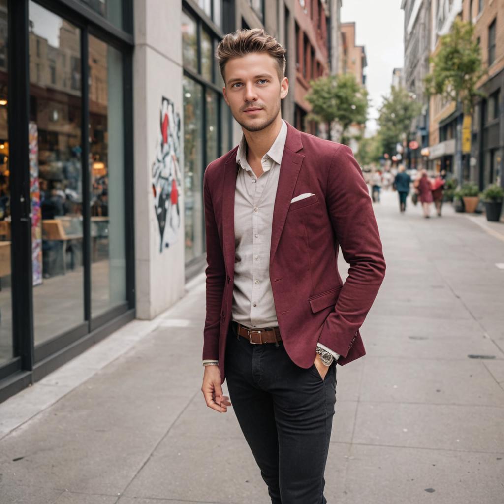 Stylish man in burgundy blazer walking in city