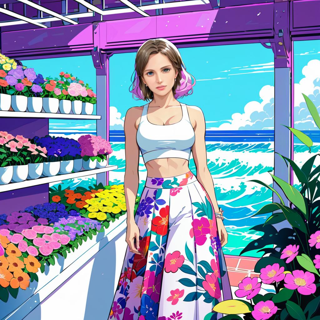 Anime Woman in Flower Shop with Ocean View