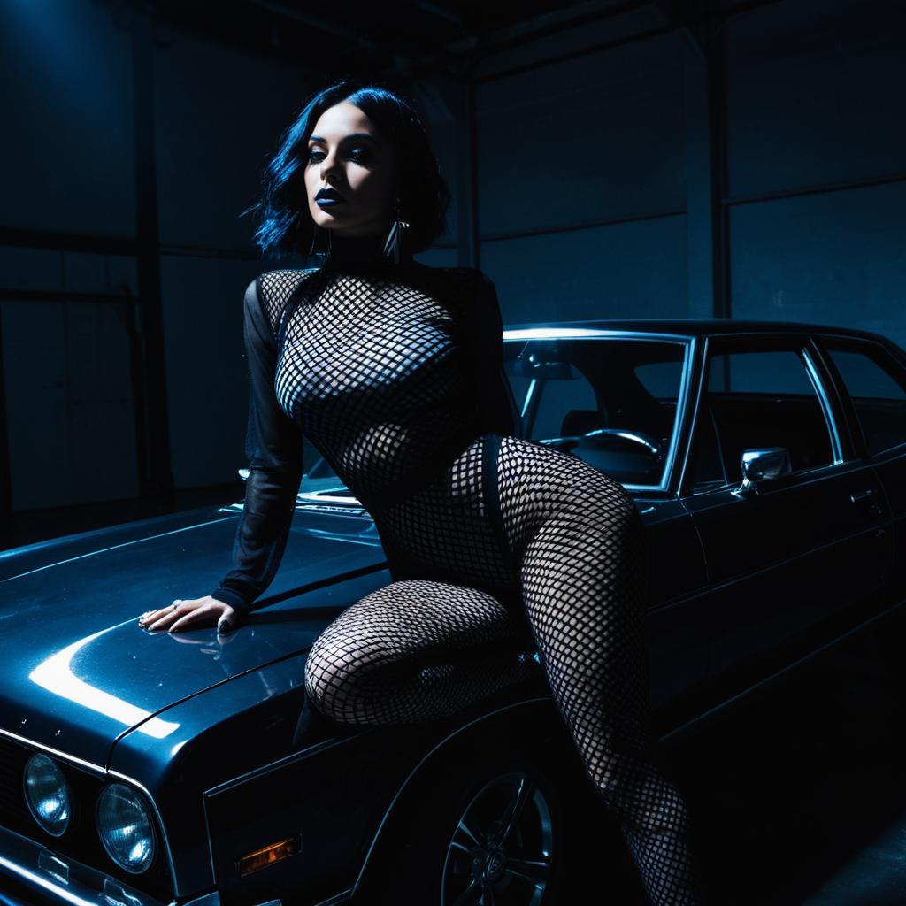 Edgy Woman in Fishnet Bodysuit Posing on Vintage Car
