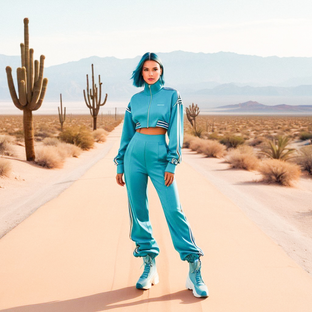 Woman in Turquoise Tracksuit in Desert Landscape