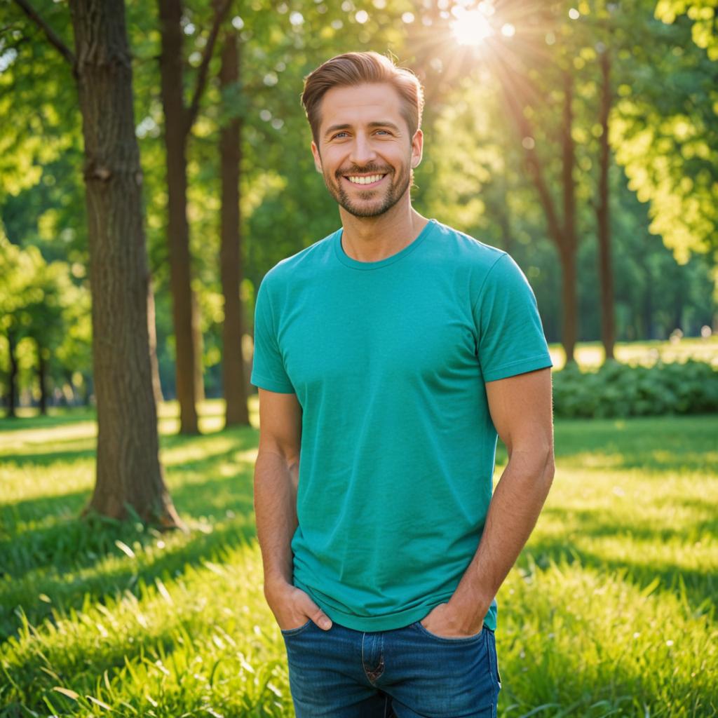 Happy man in sunlit park