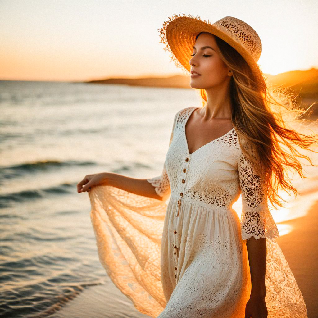 Woman in Lace Dress at Beach During Golden Hour