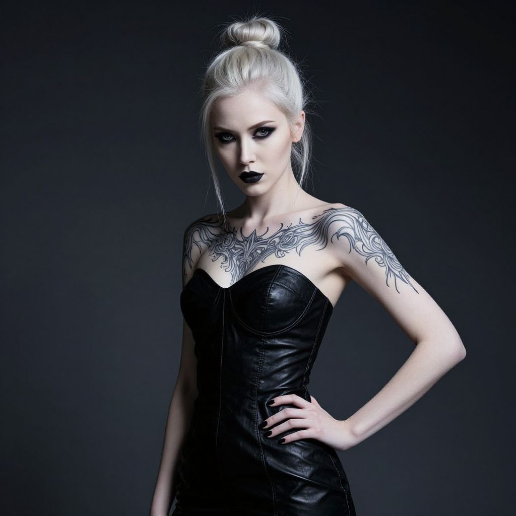 Edgy Woman in Black Leather Dress with Chest Tattoos