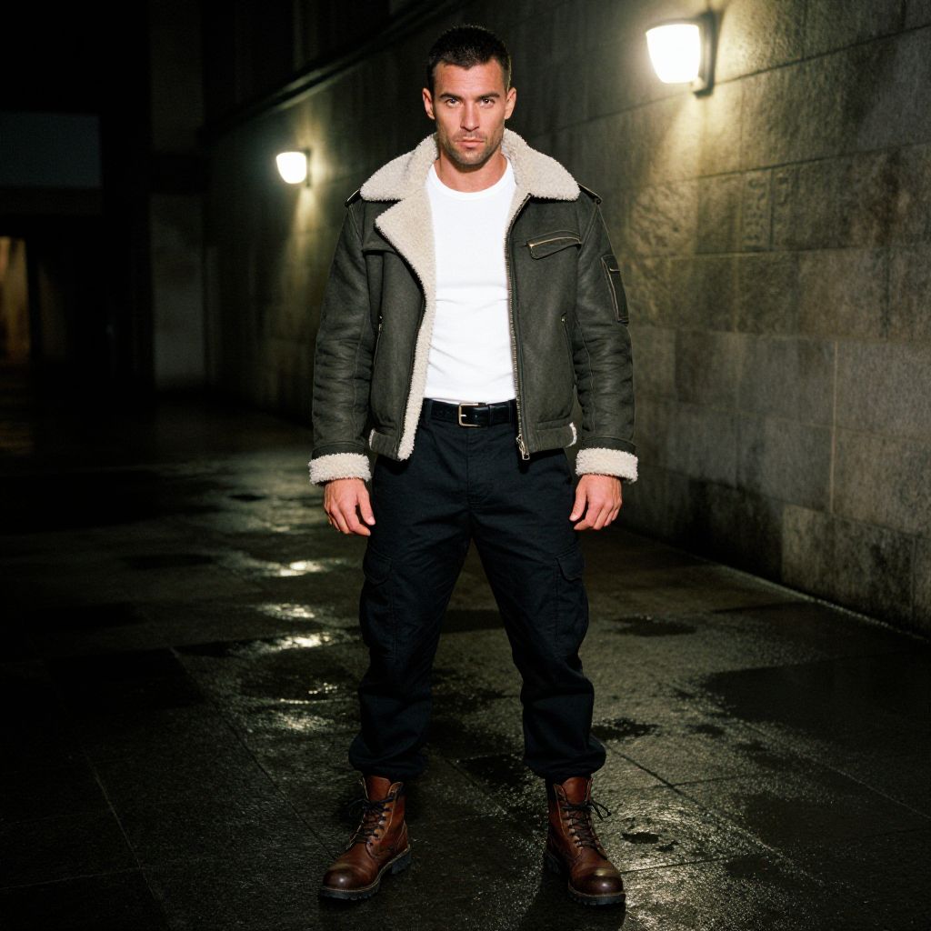 Man in Shearling Jacket and Cargo Pants Standing in Urban Alleyway at Night
