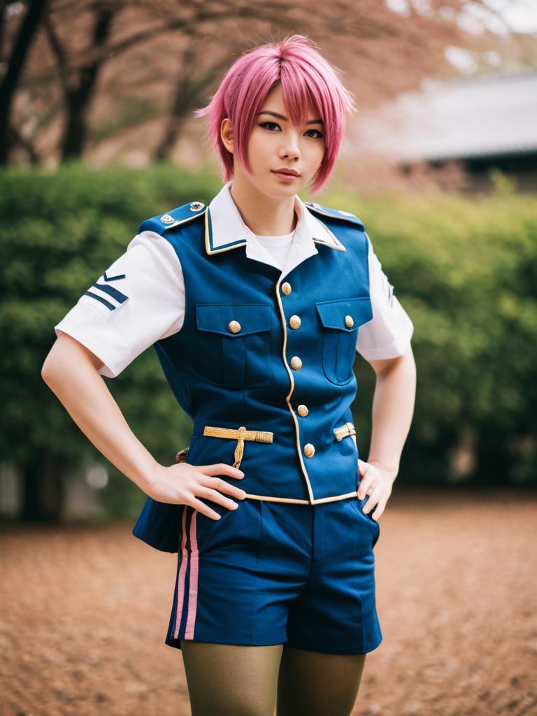 Woman in Blue Military-Style Uniform with Pink Hair in Autumn Park