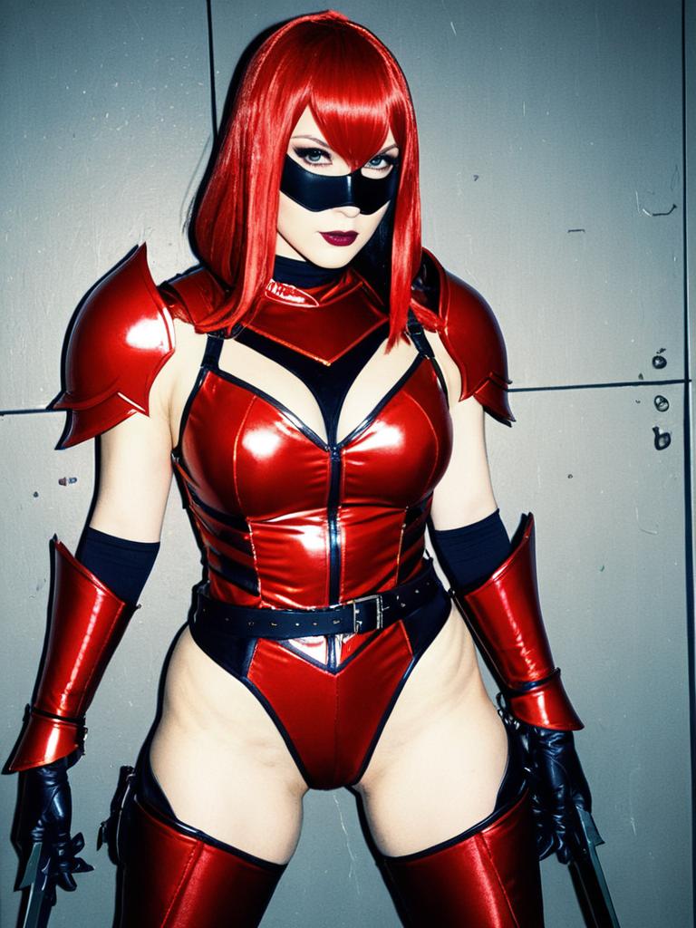 Futuristic Red Armor Woman Cosplay with Black Mask and Glossy Finish