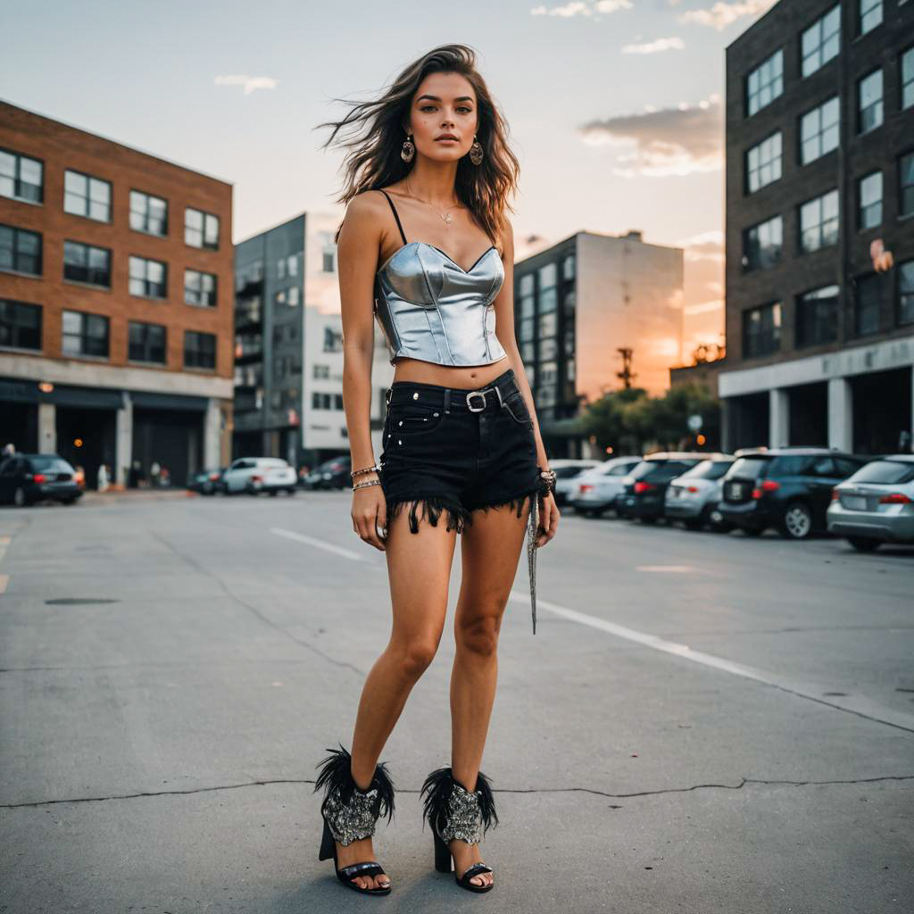 Urban Street Fashion Woman in Metallic Corset and Denim Shorts at Sunset