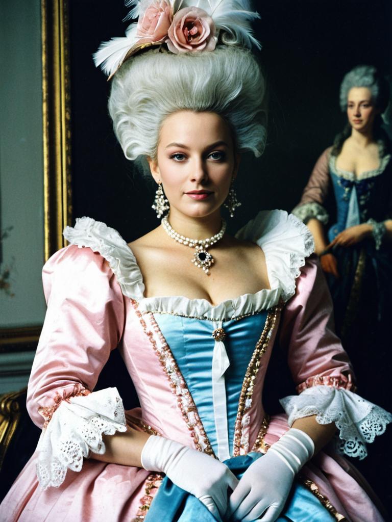 Woman in Marie Antoinette Fancy Dress with Rococo Hairstyle and Pearl Jewelry