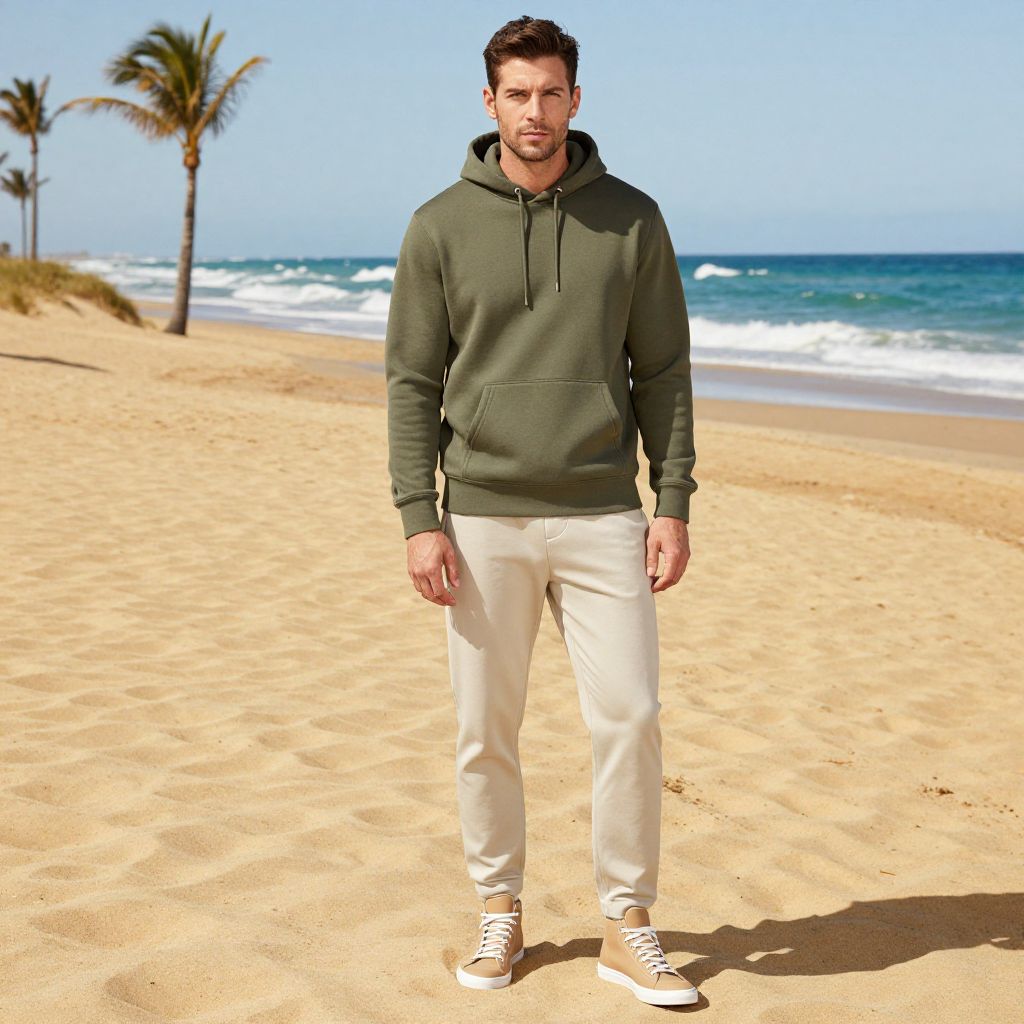 Casual Men's Olive Green Hoodie and Beige Pants on Beach