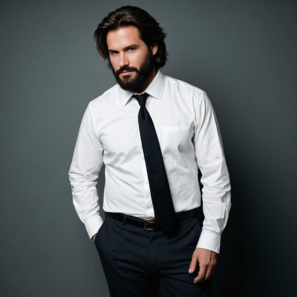 Confident Man in White Shirt and Black Tie Standing Against Gray Background
