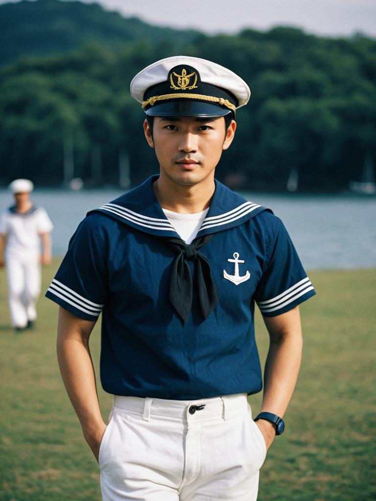 Young Man in Traditional Male Sailor Costume Wearing Sailor Hat Outdoors