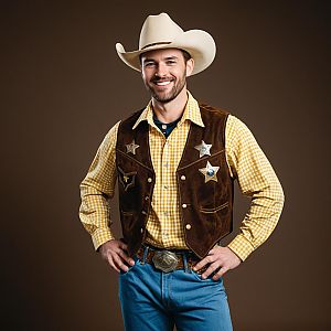 Smiling Cowboy Man in Classic Western Outfit with Sheriff Badges