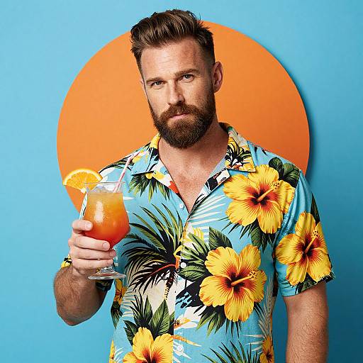 Man in Hawaiian Shirt Holding Tropical Cocktail with Orange Backdrop