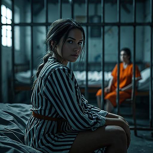 Emotional Prison Encounter with Woman in Striped Dress and Inmate in Orange Uniform