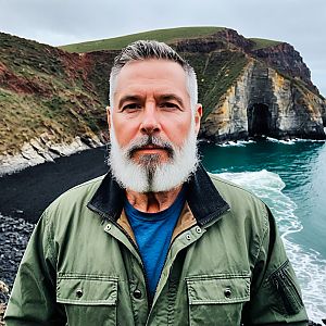 Mature Man with White Beard near Coastal Landscape