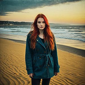Red-Haired Woman in Teal Trench Coat on Beach at Sunset