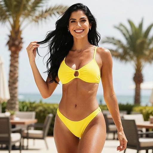 Smiling Woman in Yellow Bikini at Tropical Beach Resort