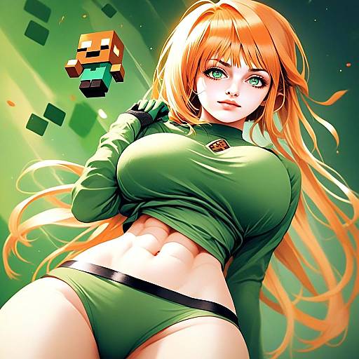 Anime Style Woman with Minecraft Character Digital Artwork