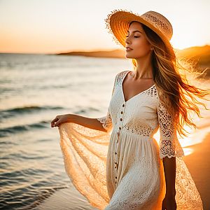 Woman in Lace Dress at Beach During Golden Hour