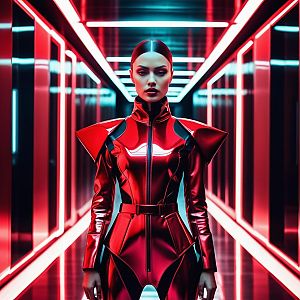 Confident Woman in Futuristic Red Outfit