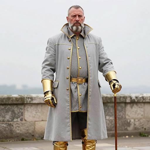 Regal Man in Historical Grey and Gold Costume with Cane