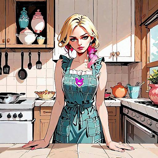 Stylish Anime Woman in Kitchen Wearing Checkered Apron Illustration
