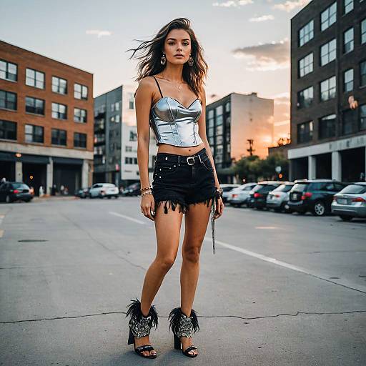 Urban Street Fashion Woman in Metallic Corset and Denim Shorts at Sunset
