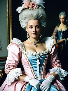 Woman in Marie Antoinette Fancy Dress with Rococo Hairstyle and Pearl Jewelry