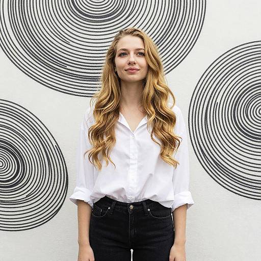 Young Woman with Wavy Hair Posing by Concentric Circles Wall Art