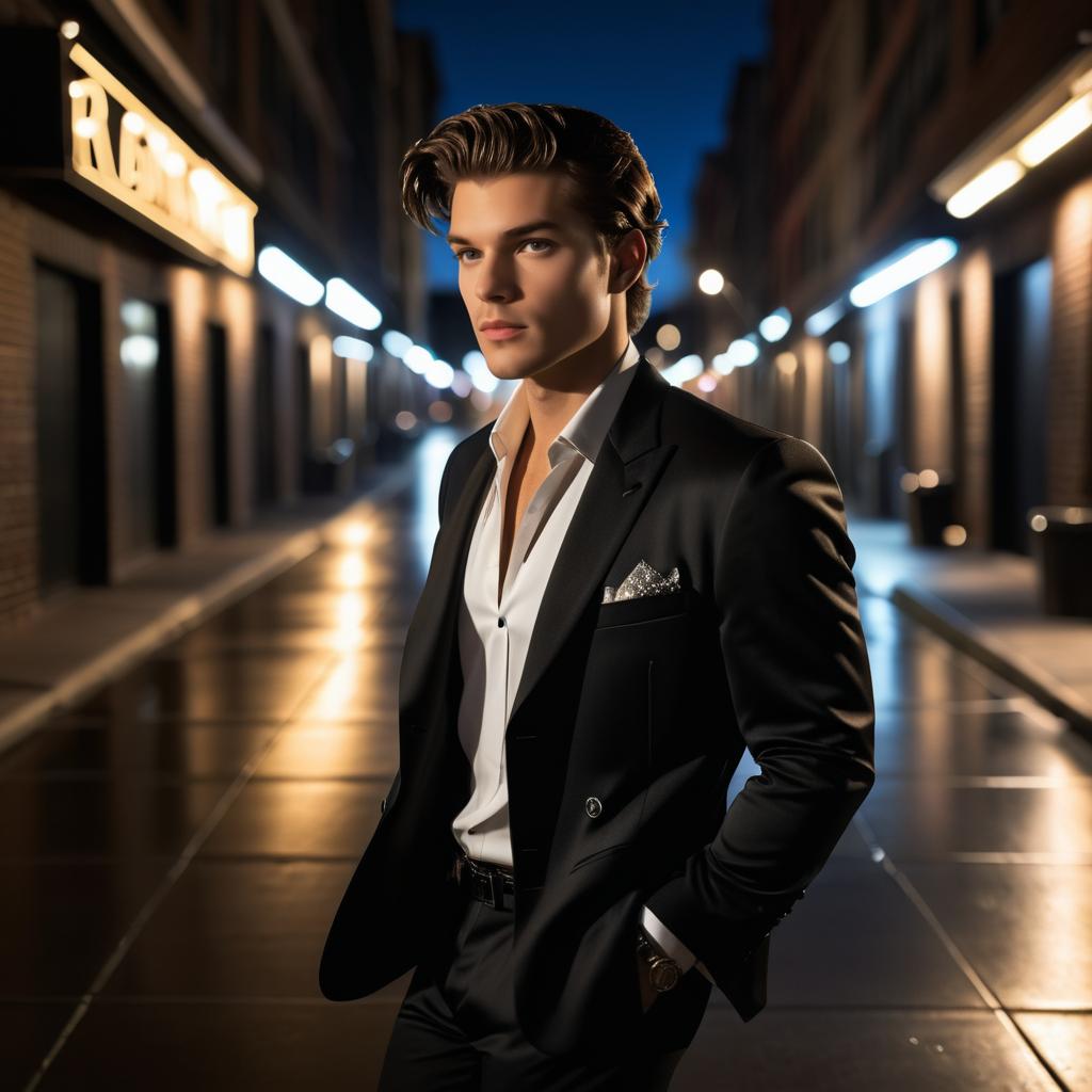 Young Man in Elegant Black Suit in Urban Alley