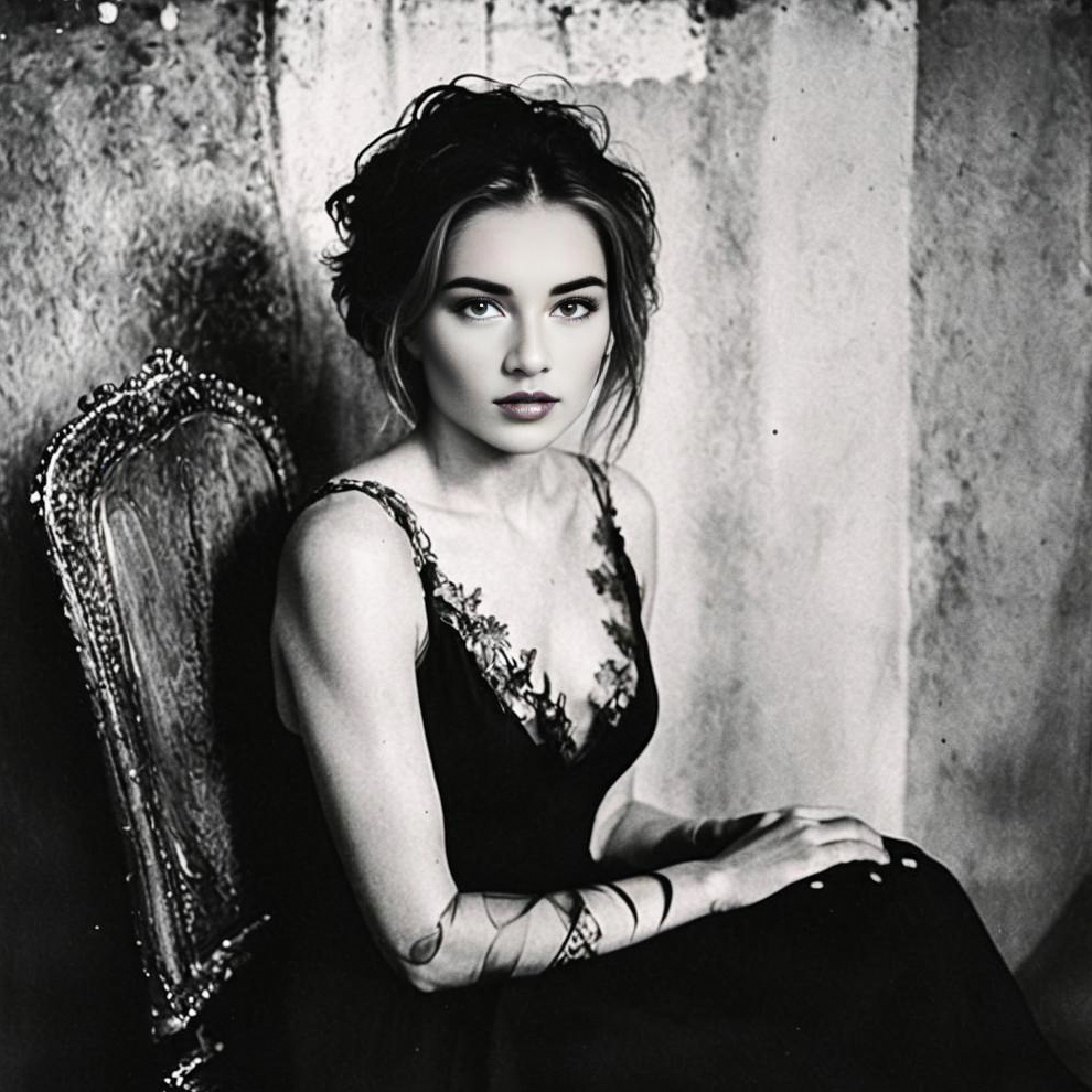 Black and White Portrait of a Young Woman in Elegant Lace Dress